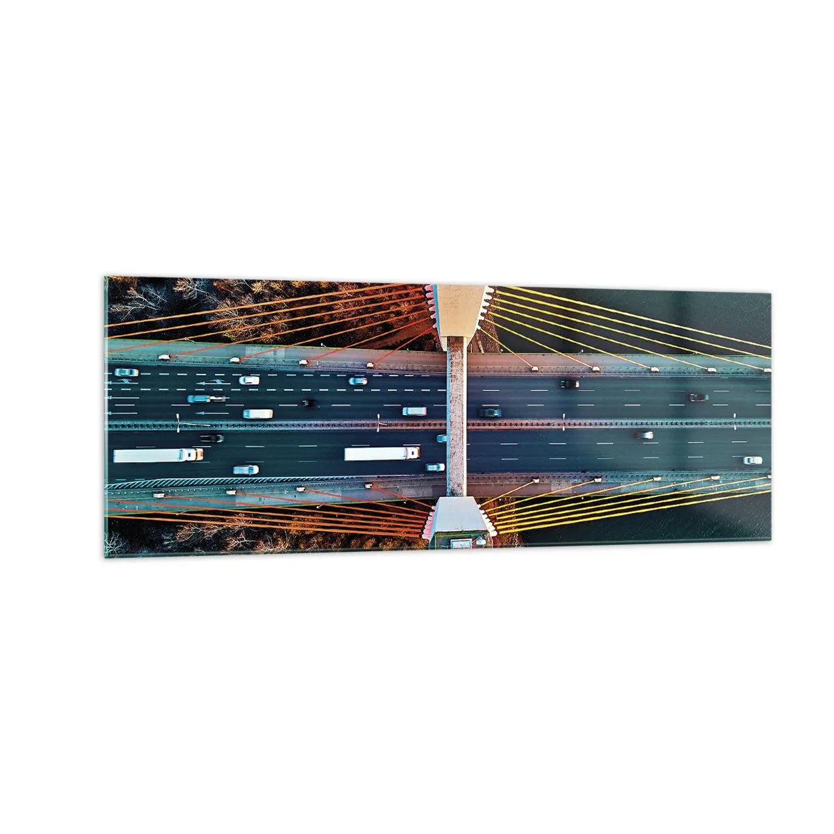 Quadro su vetro - Vista aerea del ponte sul fiume e del paesaggio autunnale - 140x50cm - Oltre il fiume, oltre il bosco - Decorazione murale moderna per soggiorno e camera da letto ARTTOR