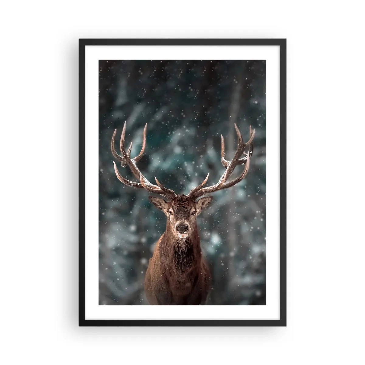 Poster in cornice nera - Ritratto di un cervo con imponenti corna sullo sfondo di una foresta invernale - 50x70cm - Il re del bosco incoronato - Decorazione murale moderna per soggiorno e camera da letto ARTTOR