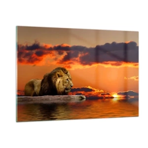 Quadro su vetro - Un leone sullo sfondo del sole al tramonto - 120x80cm - Il re della natura - Decorazione murale moderna per soggiorno e camera da letto ARTTOR