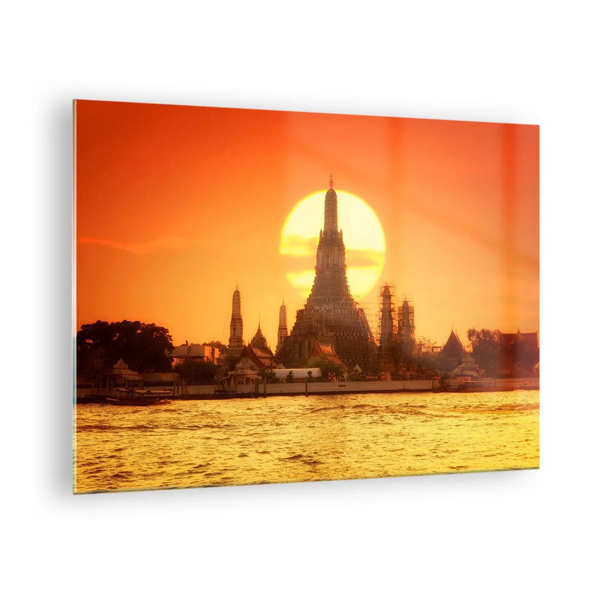 Quadro su vetro - Tempio al tramonto sul fiume - 70x50cm - Verso il sole, sempre verso il sole - Decorazione murale moderna per soggiorno e camera da letto ARTTOR
