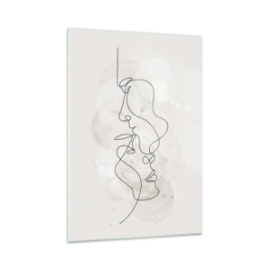 Quadro su vetro - Un disegno minimalista dei volti di due persone in un abbraccio sottile e sensuale. - 50x70cm - Intrecciati in un abbraccio - Decorazione murale moderna per soggiorno e camera da letto ARTTOR