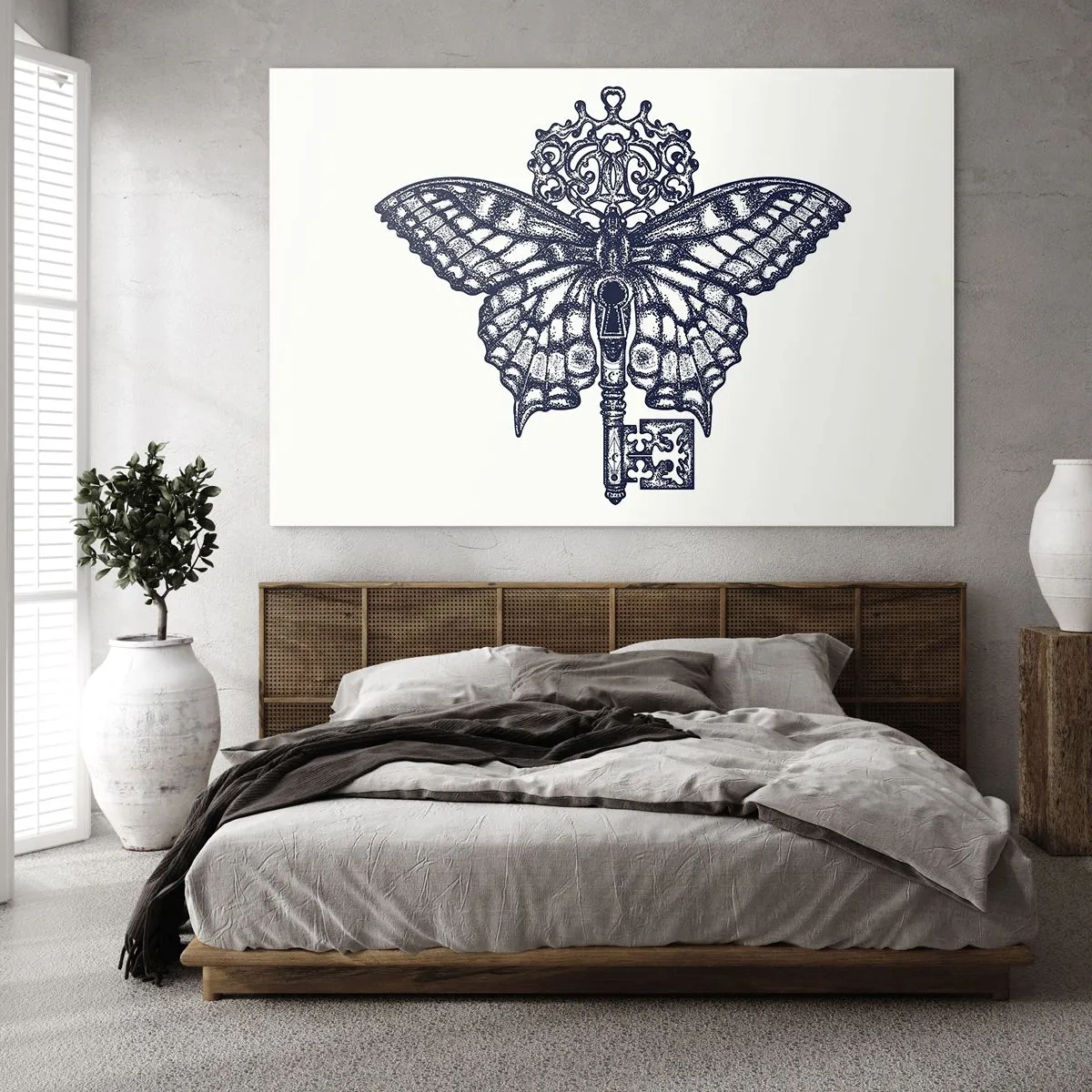 Quadro su vetro - Illustrazione di una farfalla con una chiave al centro - 120x80cm - Tutti i segreti del cuore - Decorazione murale moderna per soggiorno e camera da letto ARTTOR