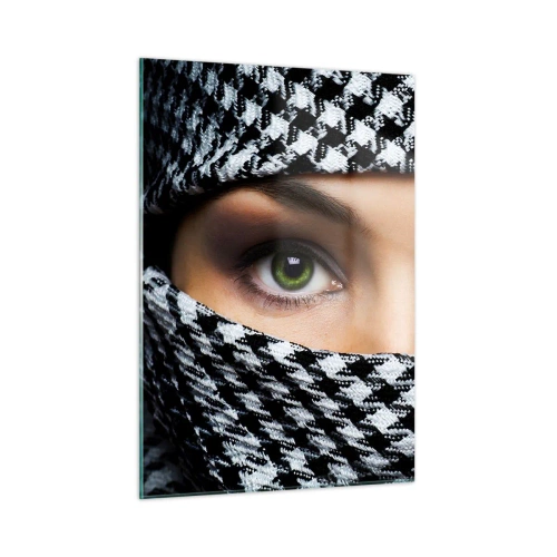 Quadro su vetro - Occhi verdi circondati da un motivo bianco e nero - 50x70cm - Ritratto di bellezza velata con gli occhi verdi - Decorazione murale moderna per soggiorno e camera da letto ARTTOR