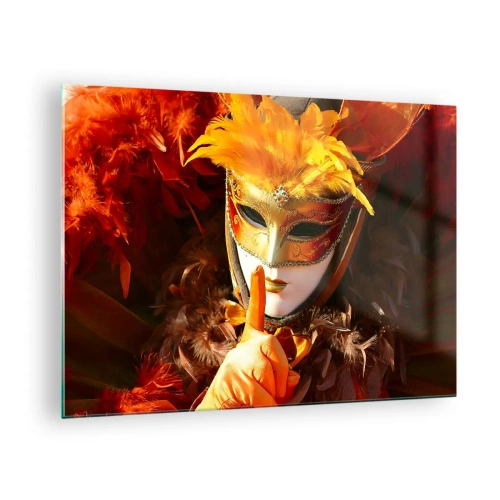 Quadro su vetro - Una figura con una maschera dorata e piume arancioni - 70x50cm - Il mistero è parte del gioco - Decorazione murale moderna per soggiorno e camera da letto ARTTOR