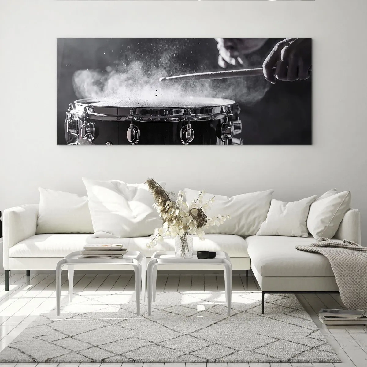 Quadro su vetro - Colpire il rullante con le bacchette con effetto polvere - 120x50cm - Il polso della musica - Decorazione murale moderna per soggiorno e camera da letto ARTTOR