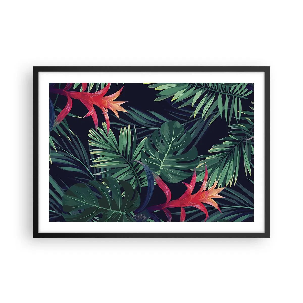Poster in cornice nera - Foglie e fiori tropicali su sfondo scuro - 70x50cm - Fiammante nel verde - Decorazione murale moderna per soggiorno e camera da letto ARTTOR