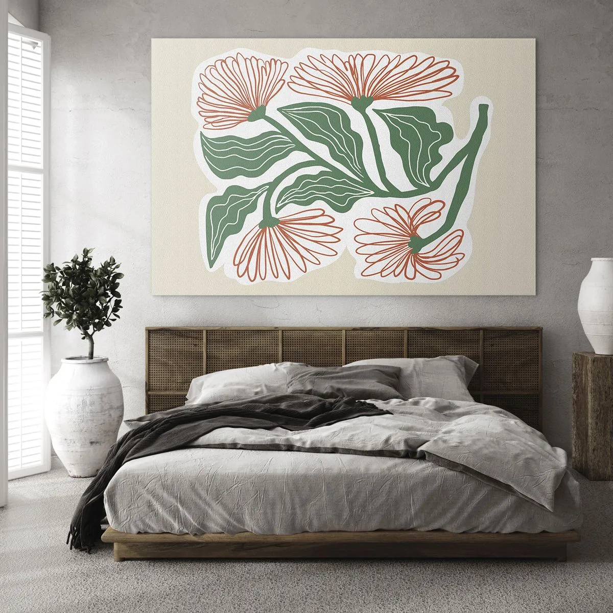 Quadro su vetro - Fiori decorativi in stile folk su sfondo chiaro - 100x70cm - Folklore e modernità - Decorazione murale moderna per soggiorno e camera da letto ARTTOR