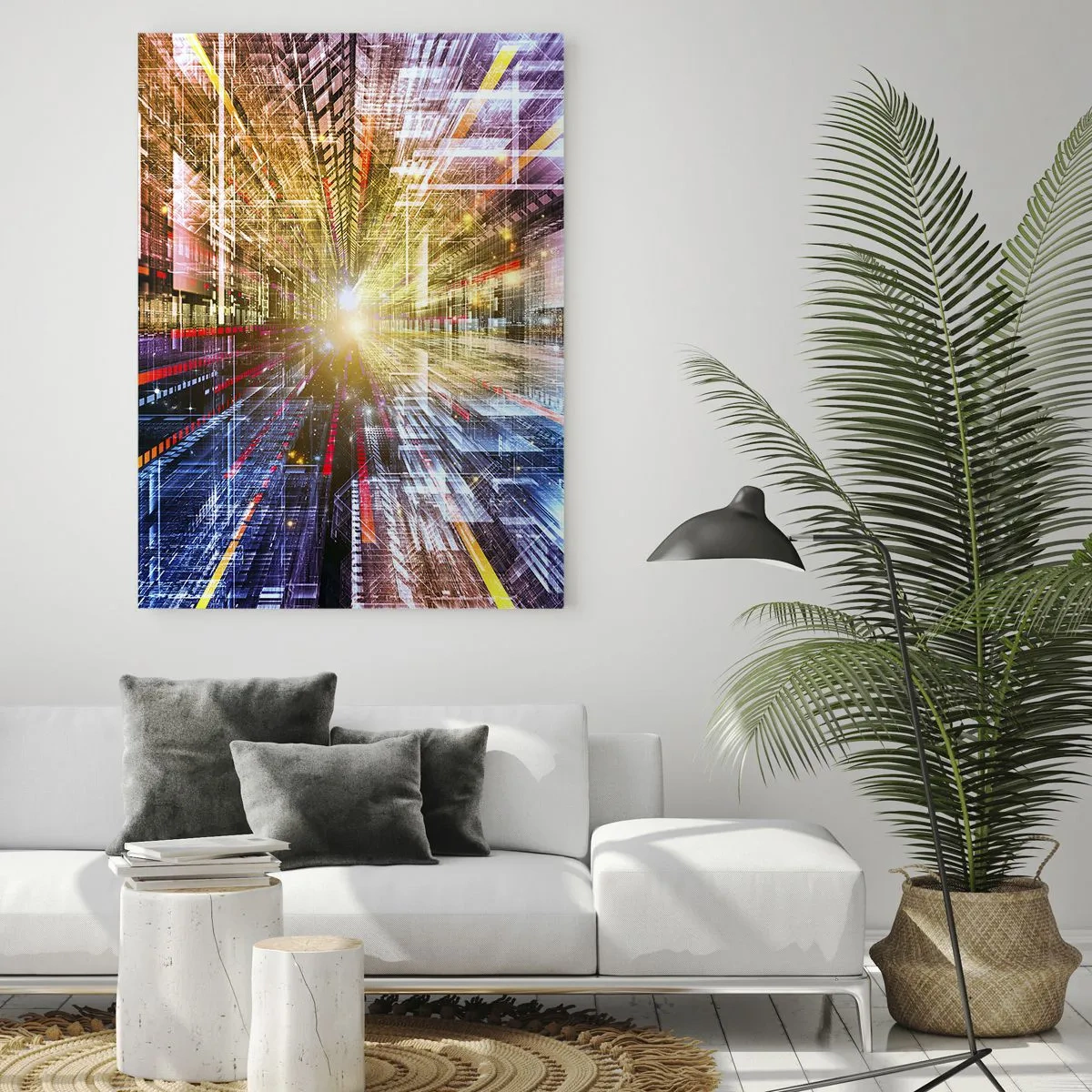 Quadro su vetro - Luci dinamiche in un corridoio futuristico - 80x120cm - Corridoio di luce - Decorazione murale moderna per soggiorno e camera da letto ARTTOR