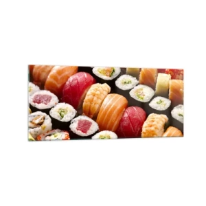 Quadro su vetro - Sushi colorati disposti in file con vari condimenti - 120x50cm - Colori e sapori dell'Asia - Decorazione murale moderna per soggiorno e camera da letto ARTTOR