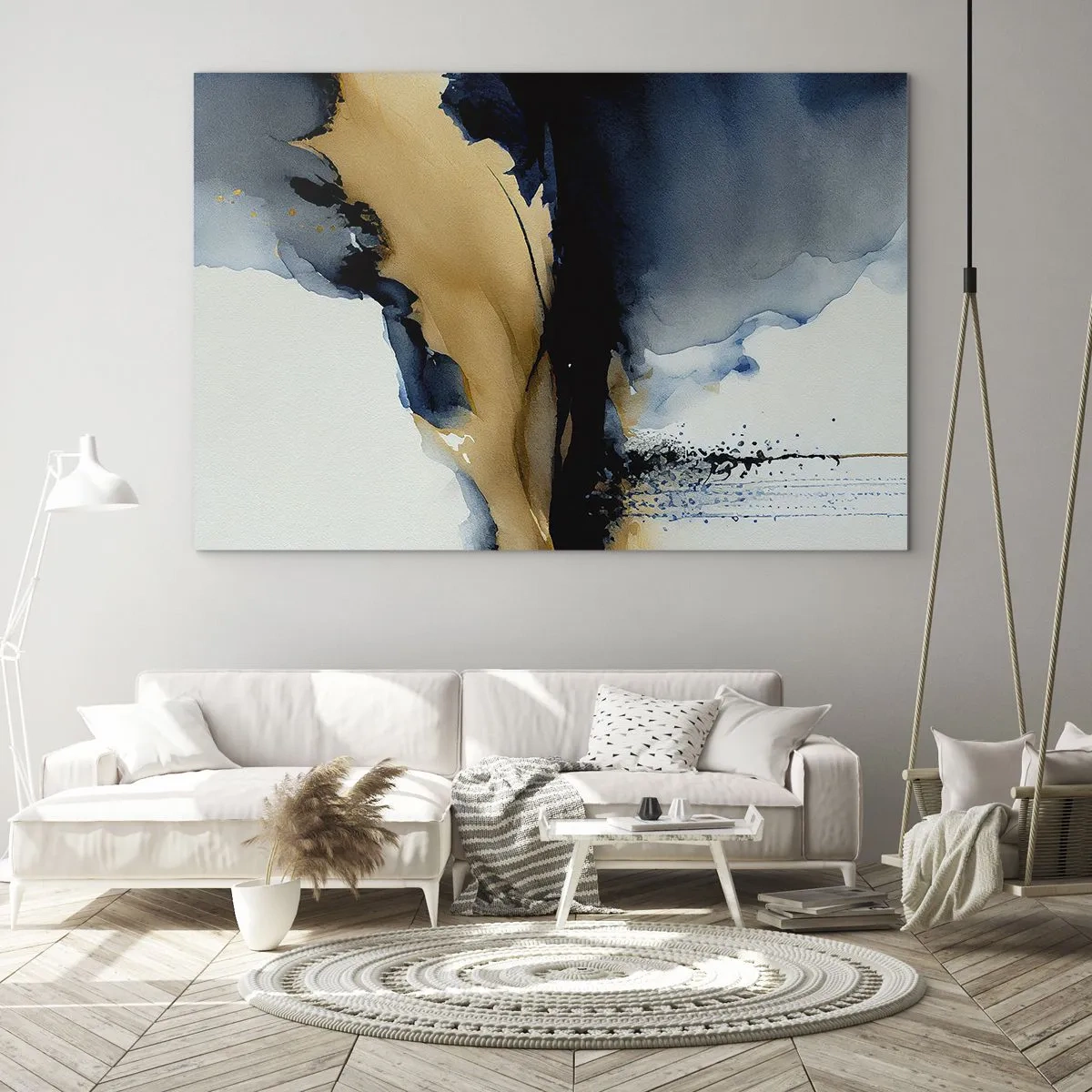 Quadro su vetro - Una composizione astratta nei toni del blu navy e del beige - 70x50cm - Dietro la cortina - Decorazione murale moderna per soggiorno e camera da letto ARTTOR