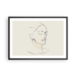 Poster in cornice nera - Uno schizzo delicato del volto di una donna su uno sfondo chiaro - 70x50cm - Linea sicura - Decorazione murale moderna per soggiorno e camera da letto ARTTOR