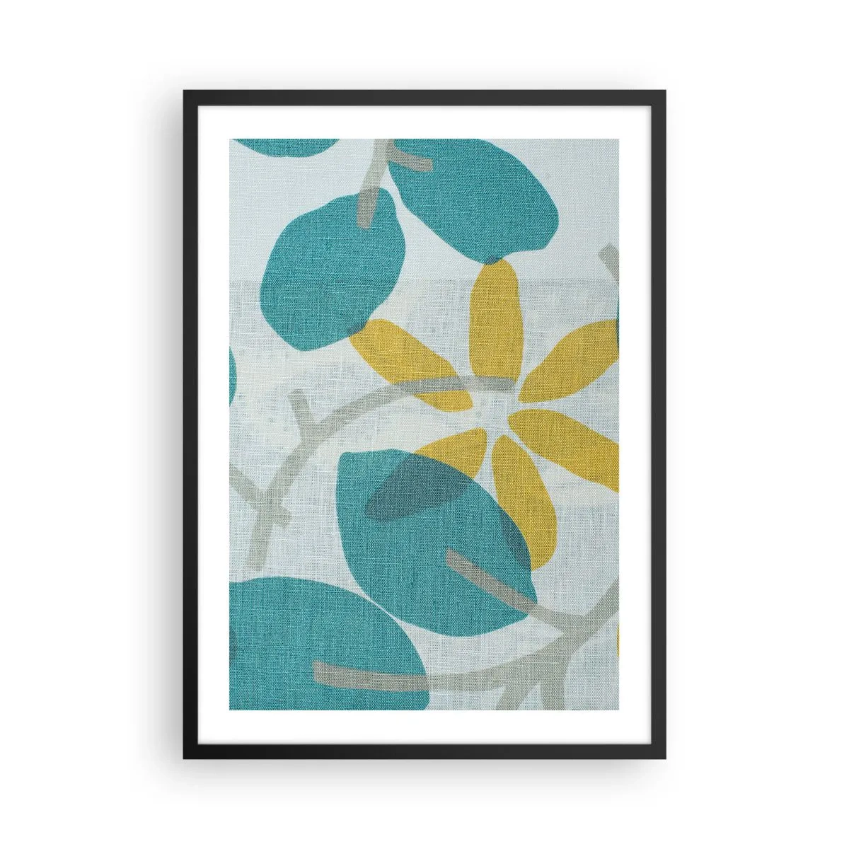 Poster in cornice nera - Grafica botanica moderna nei toni del blu e del giallo - 50x70cm - Tra le foglie azzurre - Decorazione murale moderna per soggiorno e camera da letto ARTTOR