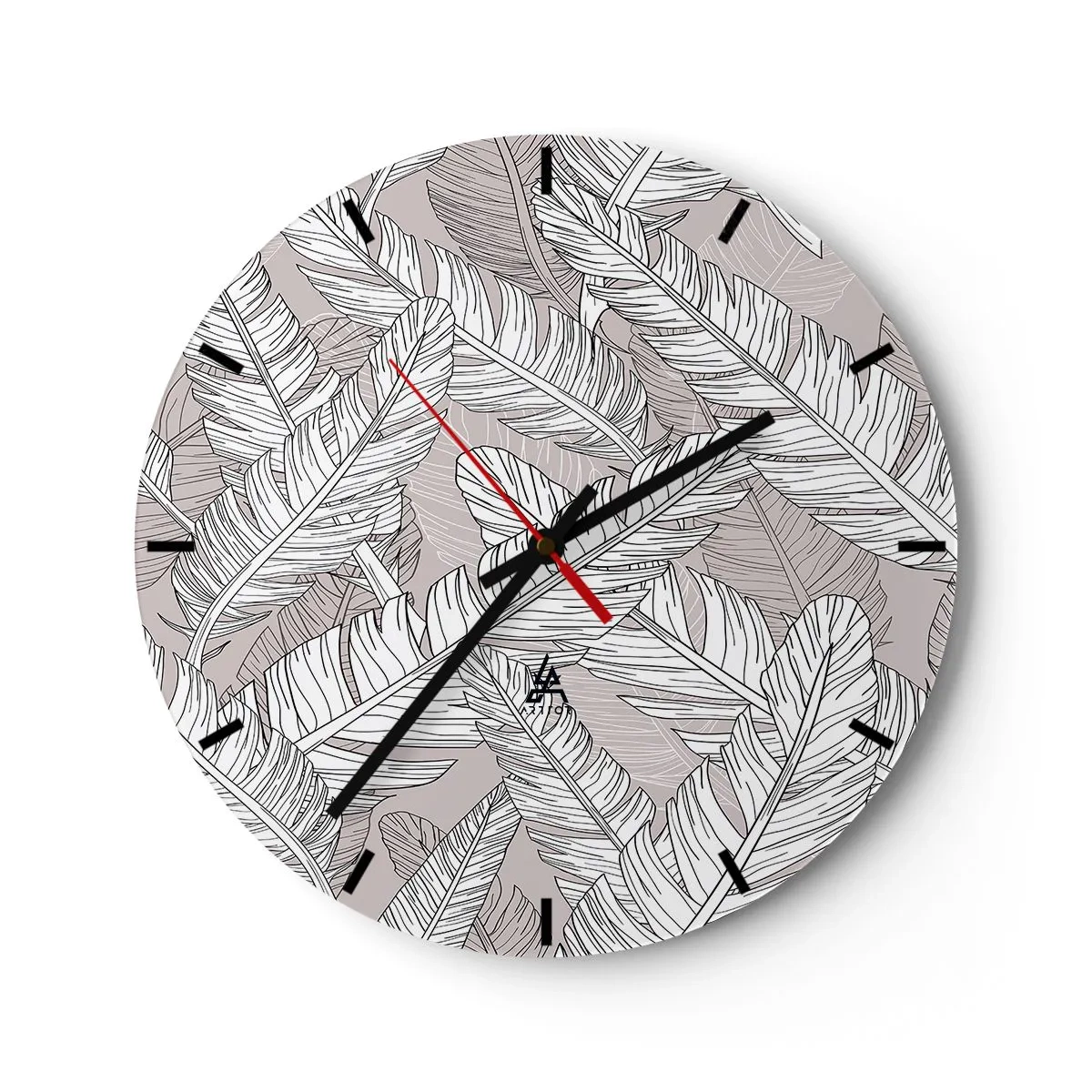 Orologio da parete - Orologio in Vetro - Foglie di banano bianche e nere su sfondo chiaro - 30x30cm - Vortice di piume - Decorazione murale moderna per soggiorno, cucina e camera da letto ARTTOR