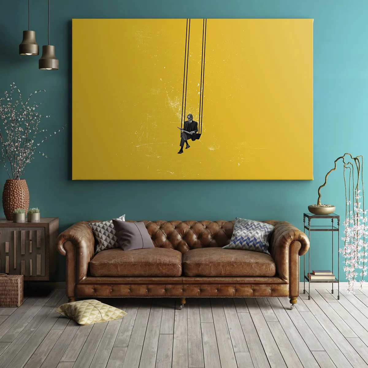 Quadro su tela - Stampe su Tela - Una persona su un'altalena su uno sfondo di un giallo intenso - 120x80cm - Un giorno come tanti - Decorazione murale moderna per soggiorno e camera da letto ARTTOR