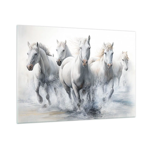 Quadro su vetro - Cavalli bianchi che galoppano nell'acqua in una composizione dinamica - 100x70cm - Magia bianca - Decorazione murale moderna per soggiorno e camera da letto ARTTOR