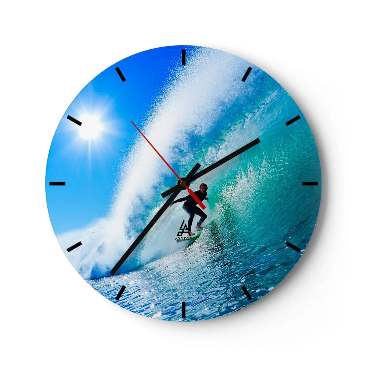 Orologio da parete - Orologio in Vetro - Surfista su un'onda in una giornata di sole - 30x30cm - Attraverso il grande blu - Decorazione murale moderna per soggiorno, cucina e camera da letto ARTTOR