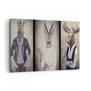 Quadro su tela - Stampe su Tela - Un trittico con figure di animali in abiti umani su uno sfondo artistico - 100x70cm - Facciamo parlare i gesti - Decorazione murale moderna per soggiorno e camera da letto ARTTOR