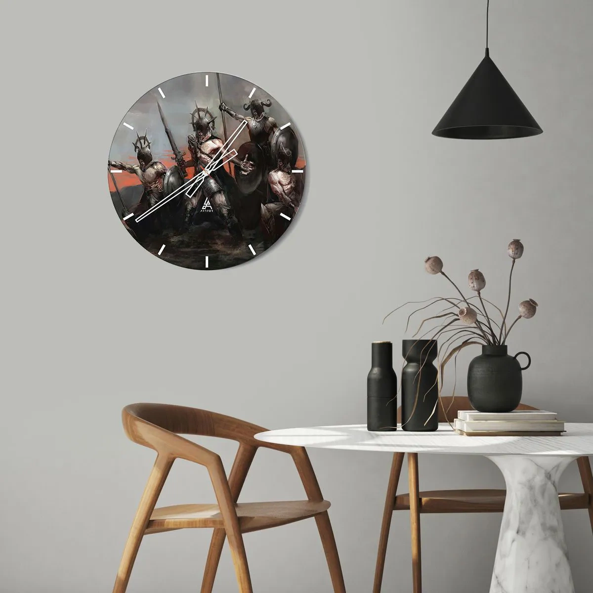 Orologio da parete - Orologio in Vetro - Un gruppo di guerrieri in armatura con scudi e lance in una scena dinamica - 30x30cm - Con lo scudo o sullo scudo - Decorazione murale moderna per soggiorno, cucina e camera da letto ARTTOR