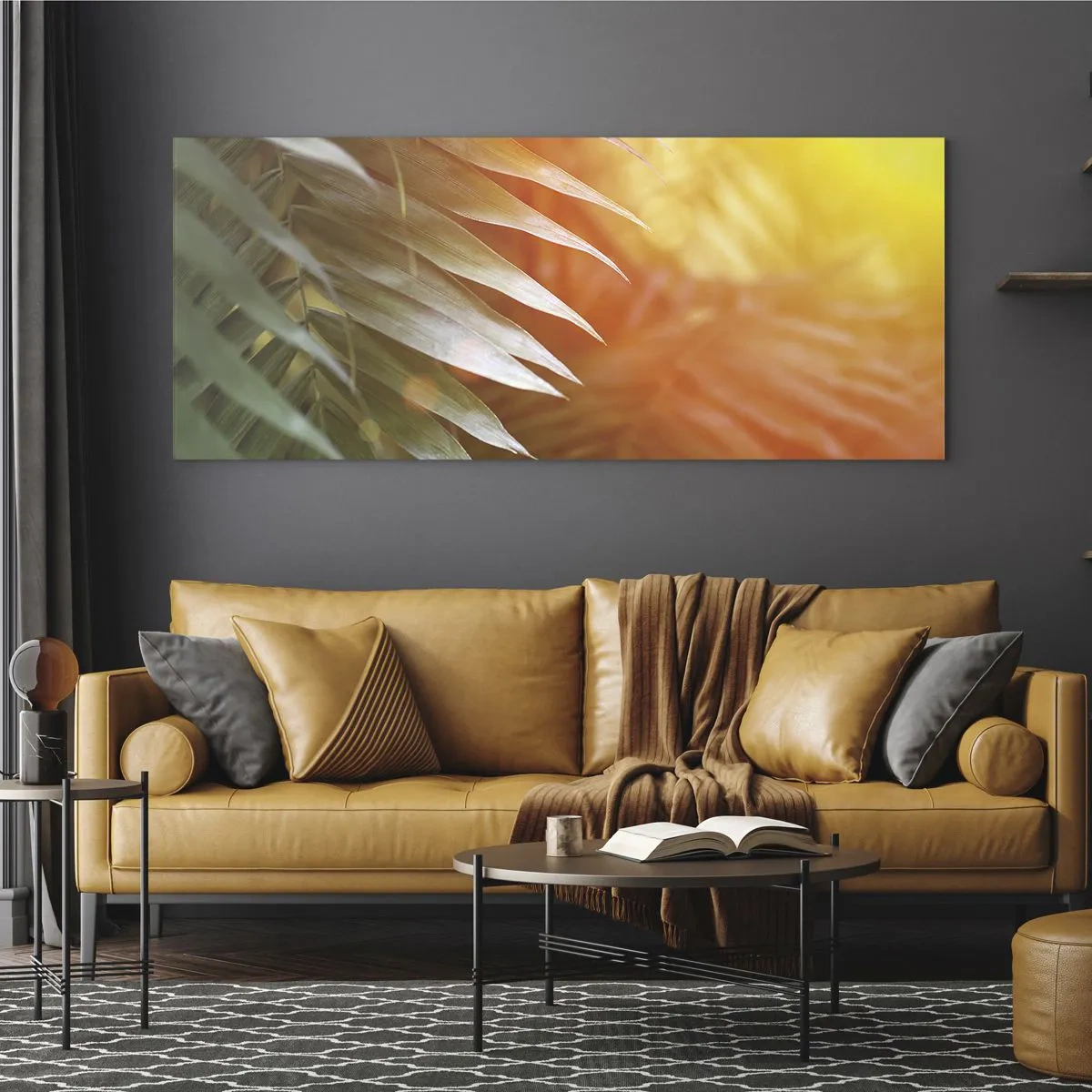Quadro su vetro - Foglie di palma nei raggi del tramonto - 160x50cm - L'alba nella giungla - Decorazione murale moderna per soggiorno e camera da letto ARTTOR