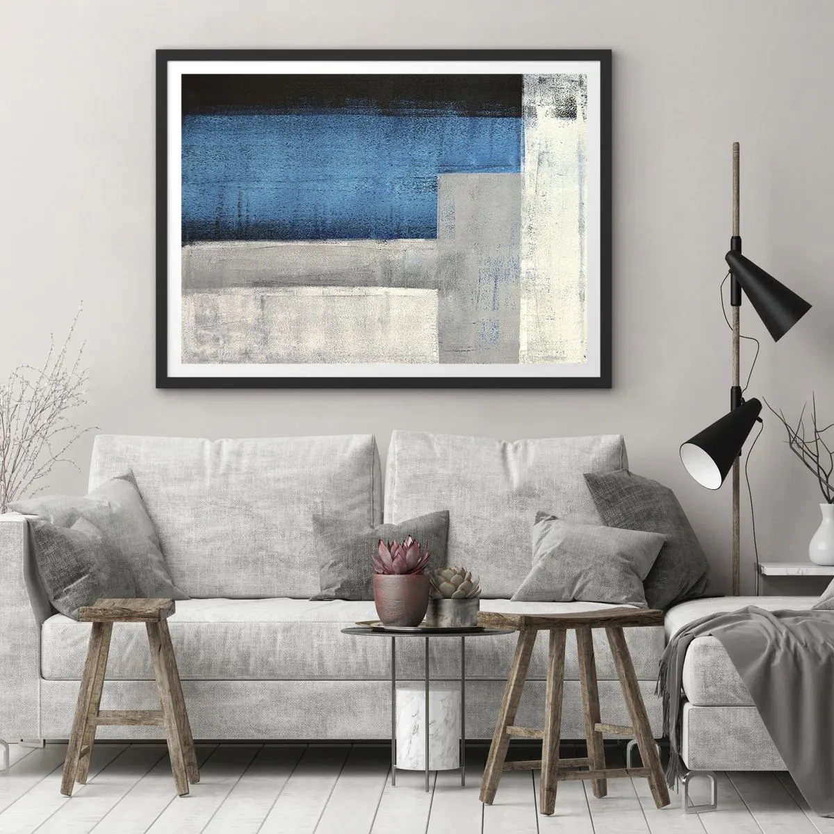 Poster in cornice nera - Una composizione astratta con sfumature di blu, grigio e bianco. - 70x50cm - Composizione poetica in grigio e blu - Decorazione murale moderna per soggiorno e camera da letto ARTTOR