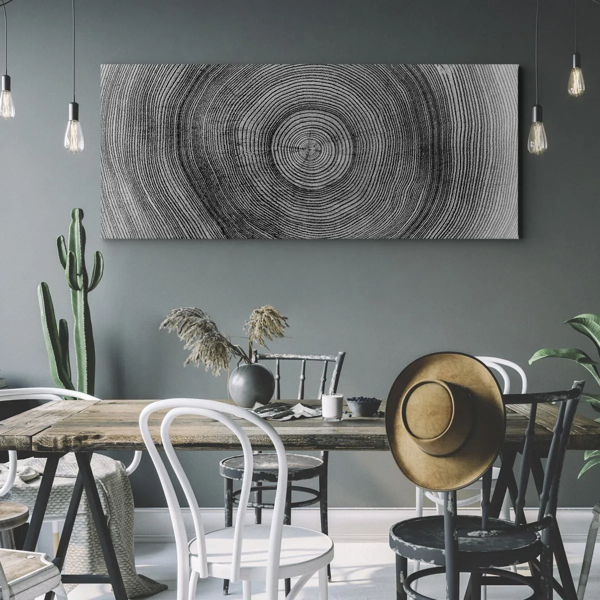 Quadro su tela - Stampe su Tela - Modello di anelli di un albero in bianco e nero che mostra una sezione trasversale del tronco - 160x50cm - I segni del tempo - Decorazione murale moderna per soggiorno e camera da letto ARTTOR