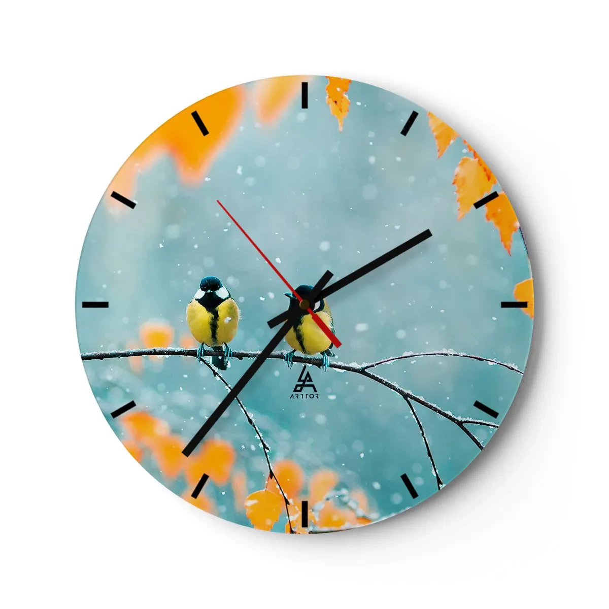 Orologio da parete - Orologio in Vetro - Due cinciallegre su un ramo innevato in uno scenario invernale - 30x30cm - Pettegolezzi alati - Decorazione murale moderna per soggiorno, cucina e camera da letto ARTTOR