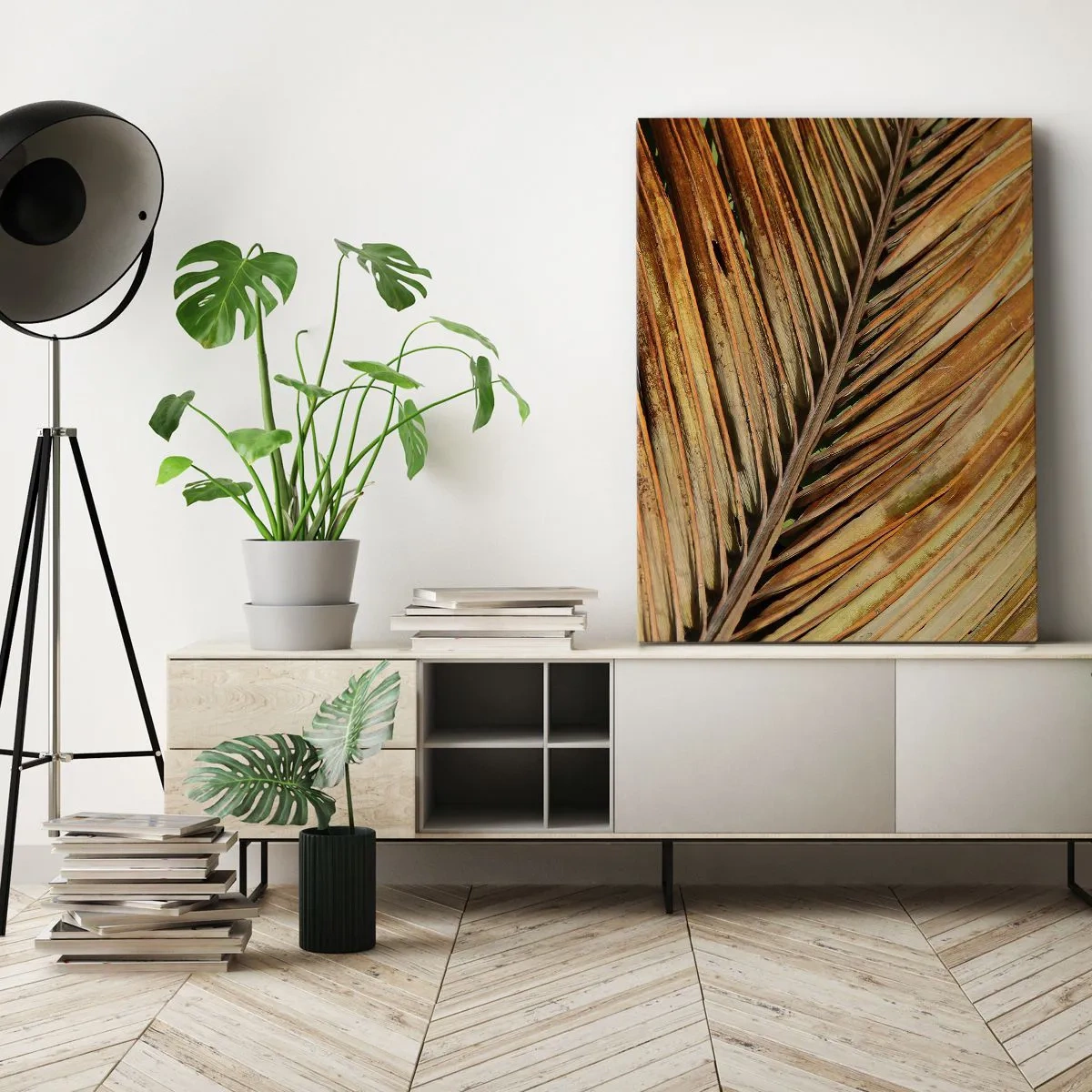 Quadro su tela - Stampe su Tela - Primo piano di una foglia di palma secca in toni caldi - 50x70cm - Oro di cocco - Decorazione murale moderna per soggiorno e camera da letto ARTTOR