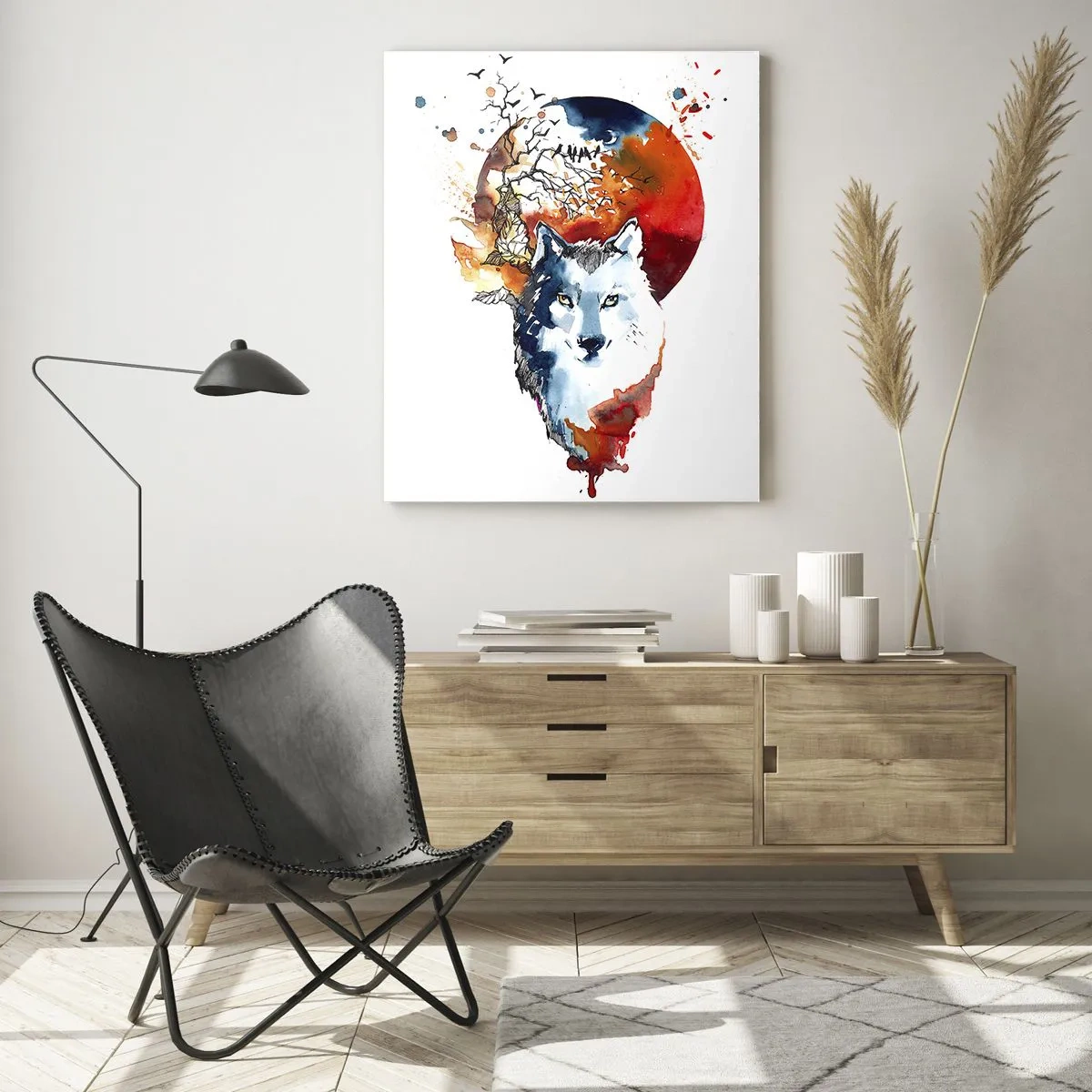 Quadro su vetro - Illustrazione di un lupo con una luna piena sullo sfondo - 50x70cm - Naso a naso con la notte - Decorazione murale moderna per soggiorno e camera da letto ARTTOR