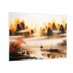 Quadro su vetro - Paesaggio orientale con barche e montagne nella nebbia - 70x50cm - Oltre l'Estremo Oriente - Decorazione murale moderna per soggiorno e camera da letto ARTTOR