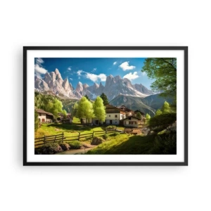 Poster in cornice nera - Un villaggio di montagna con case e vista sulle Alpi - 70x50cm - Idillio alpino - Decorazione murale moderna per soggiorno e camera da letto ARTTOR