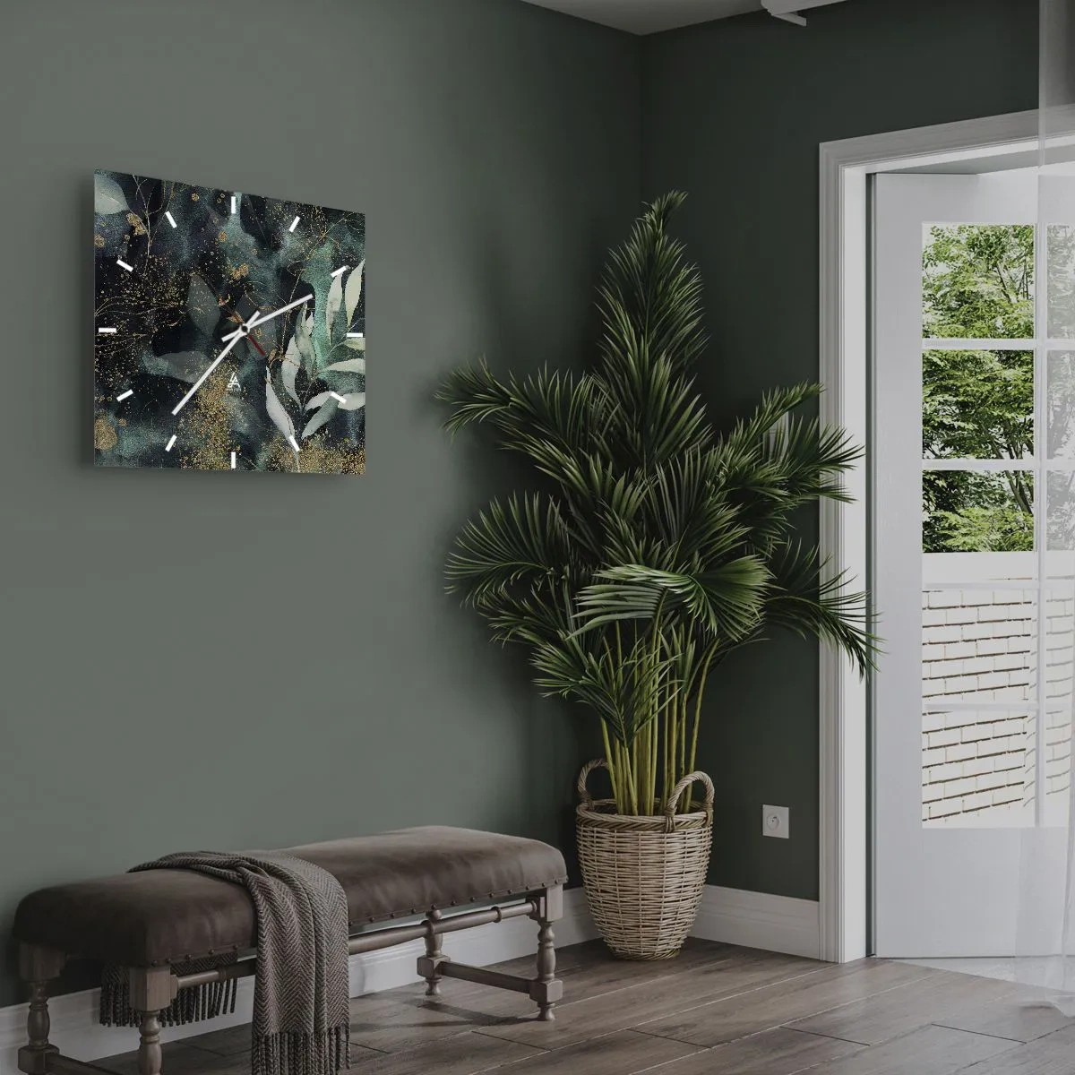Orologio da parete - Orologio in Vetro - Eleganti foglie su sfondo scuro con accenti dorati - 30x30cm - Il giardino incantato - Decorazione murale moderna per soggiorno e camera da letto ARTTOR