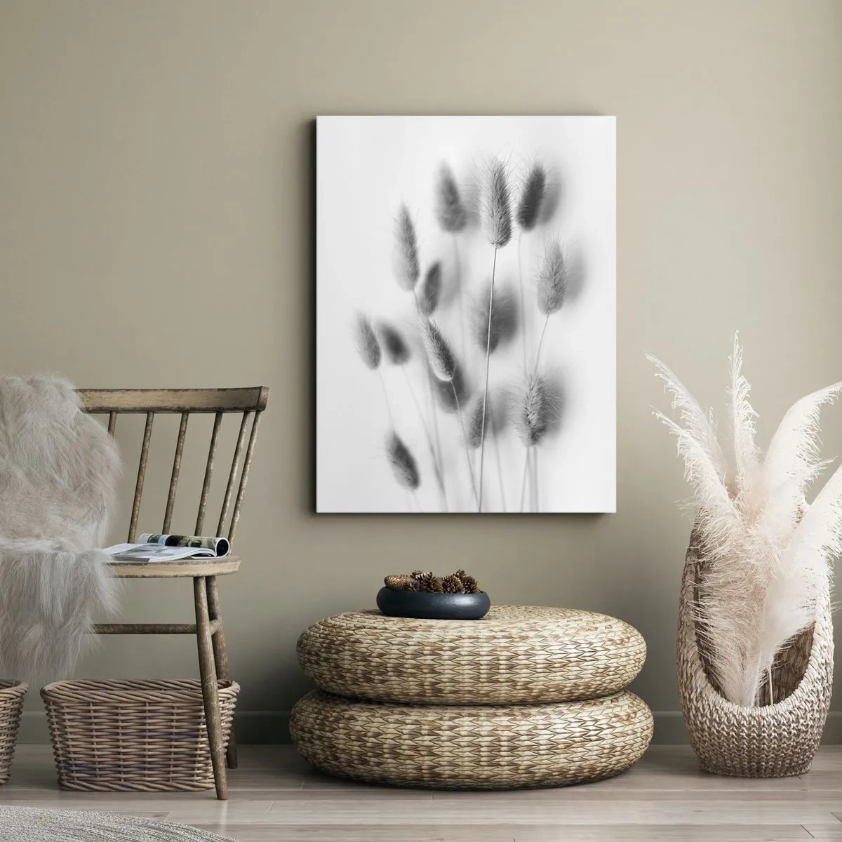 Quadro su tela - Stampe su Tela - Erbe delicate in tonalità di grigio su sfondo bianco - 50x70cm - Erba soffice - Decorazione murale moderna per soggiorno e camera da letto ARTTOR