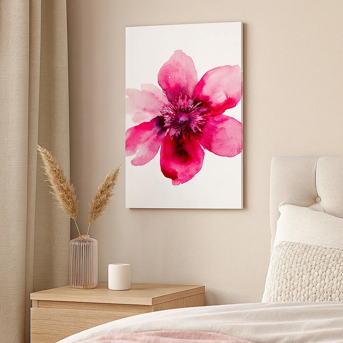Quadro su tela - Stampe su Tela - Fiore rosa in stile acquerello su sfondo bianco - 50x70cm - Bacio profumato al carminio - Decorazione murale moderna per soggiorno e camera da letto ARTTOR