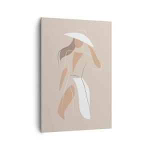 Quadro su tela - Stampe su Tela - Un disegno minimalista di una donna con un cappello su uno sfondo beige. - 70x100cm - La moda è un gioco - Decorazione murale moderna per soggiorno e camera da letto ARTTOR