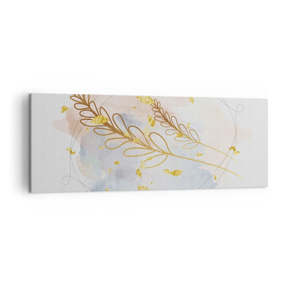 Quadro su tela - Stampe su Tela - Un delicato motivo a foglia dorata su uno sfondo pastello con dettagli acquerellati. - 140x50cm - Soffio d'oro - Decorazione murale moderna per soggiorno e camera da letto ARTTOR