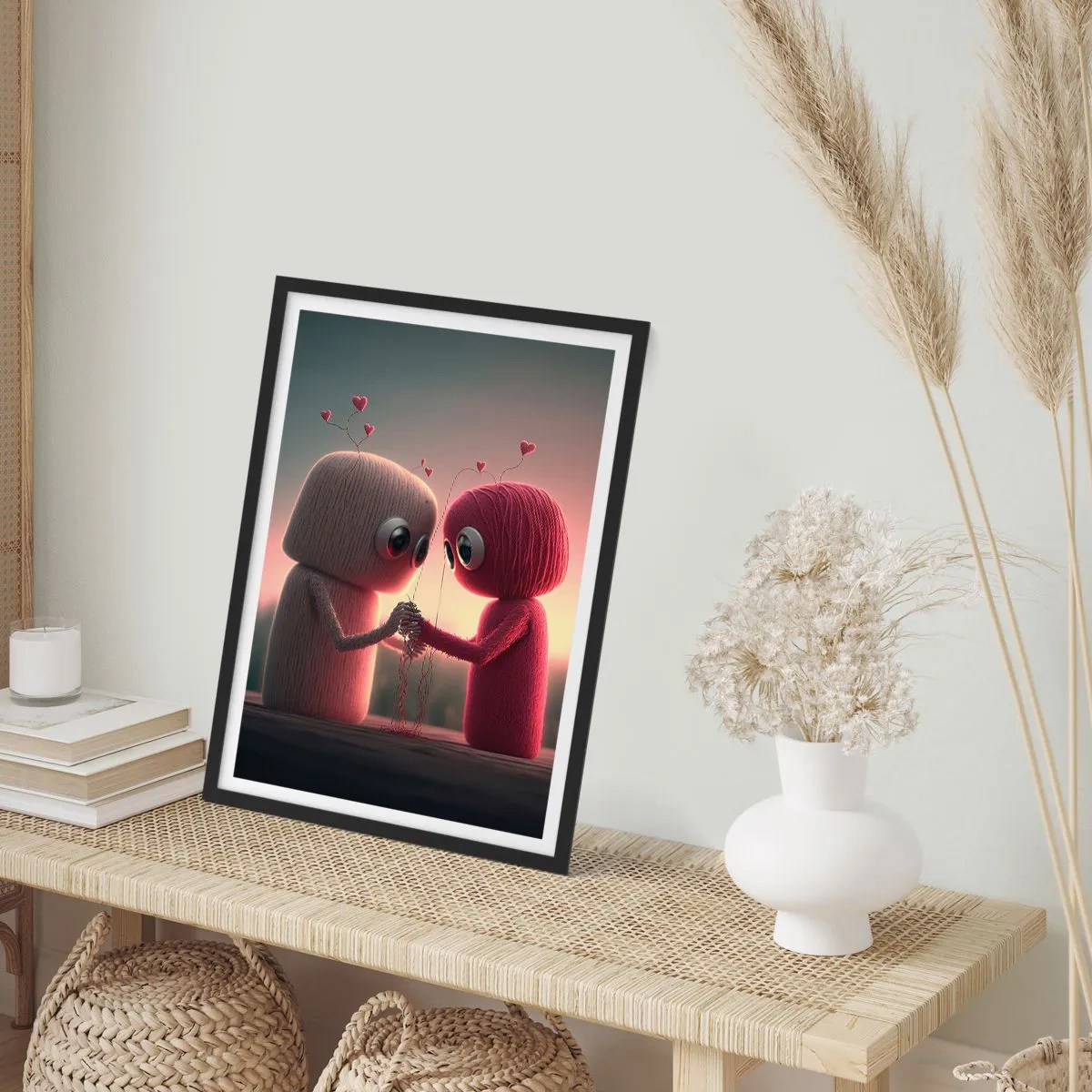 Poster in cornice nera - Adorabili personaggi di filato che si tengono per mano - 50x70cm - Ognuno ha diritto ad amare - Decorazione murale moderna per soggiorno e camera da letto ARTTOR