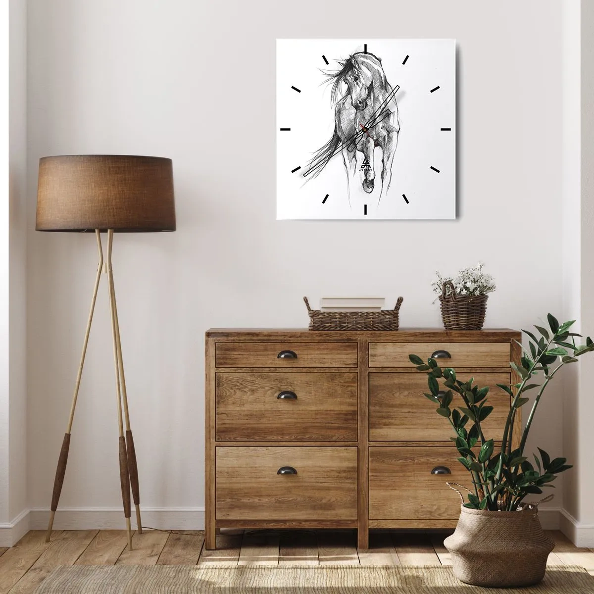 Orologio da parete - Orologio in Vetro - Schizzo in bianco e nero di un cavallo al galoppo - 30x30cm - Trotto aggraziato - Decorazione murale moderna per soggiorno e camera da letto ARTTOR