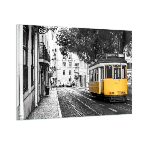Quadro su vetro - Un tram giallo sullo sfondo di una strada bianca e nera - 100x70cm - Con il fado in sottofondo - Decorazione murale moderna per soggiorno e camera da letto ARTTOR