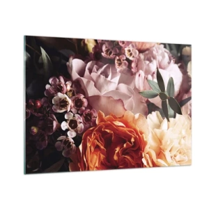 Quadro su vetro - Primo piano di una composizione di rose, garofani e piccoli fiori. - 100x70cm - Avvolti dalla bellezza - Decorazione murale moderna per soggiorno e camera da letto ARTTOR