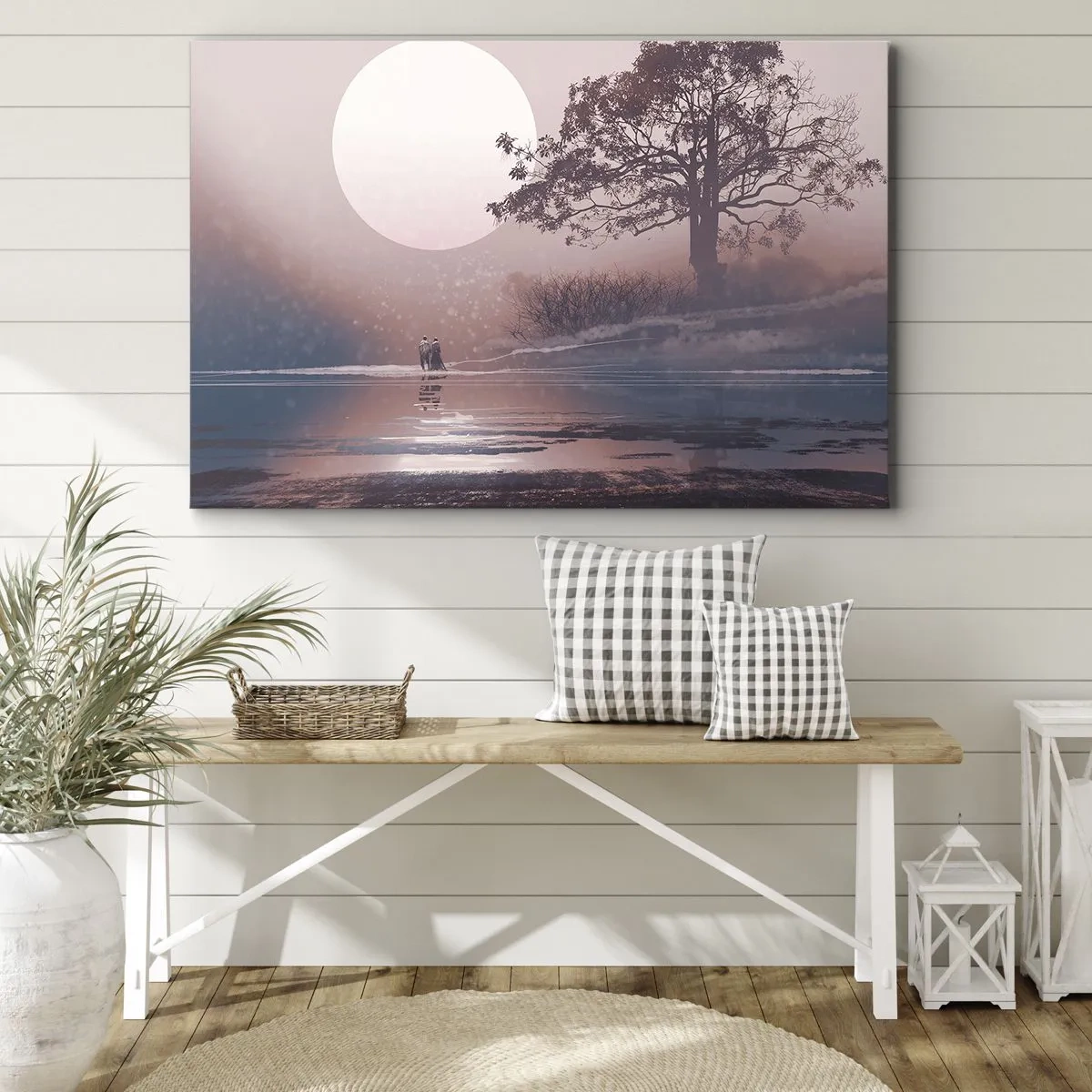 Quadro su tela - Stampe su Tela - Scena romantica con la luna e un albero in riva all'acqua - 100x70cm - Meraviglie della notte - Decorazione murale moderna per soggiorno e camera da letto ARTTOR