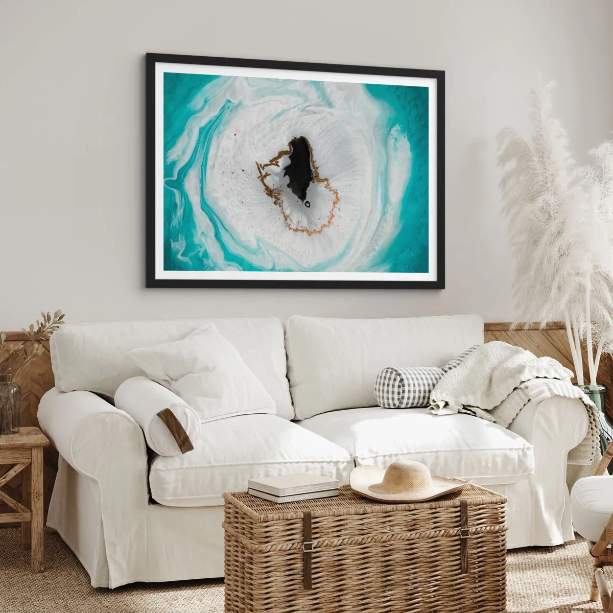 Poster in cornice nera - Motivo geode astratto nelle tonalità del turchese, bianco e oro - 100x70cm - Penetrare all'interno - Decorazione murale moderna per soggiorno e camera da letto ARTTOR