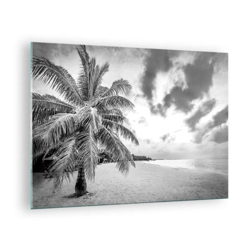 Quadro su vetro - Una palma bianca e nera su una spiaggia deserta con un cielo nuvoloso. - 70x50cm - Quando hai nostalgia della solitudine... - Decorazione murale moderna per soggiorno e camera da letto ARTTOR