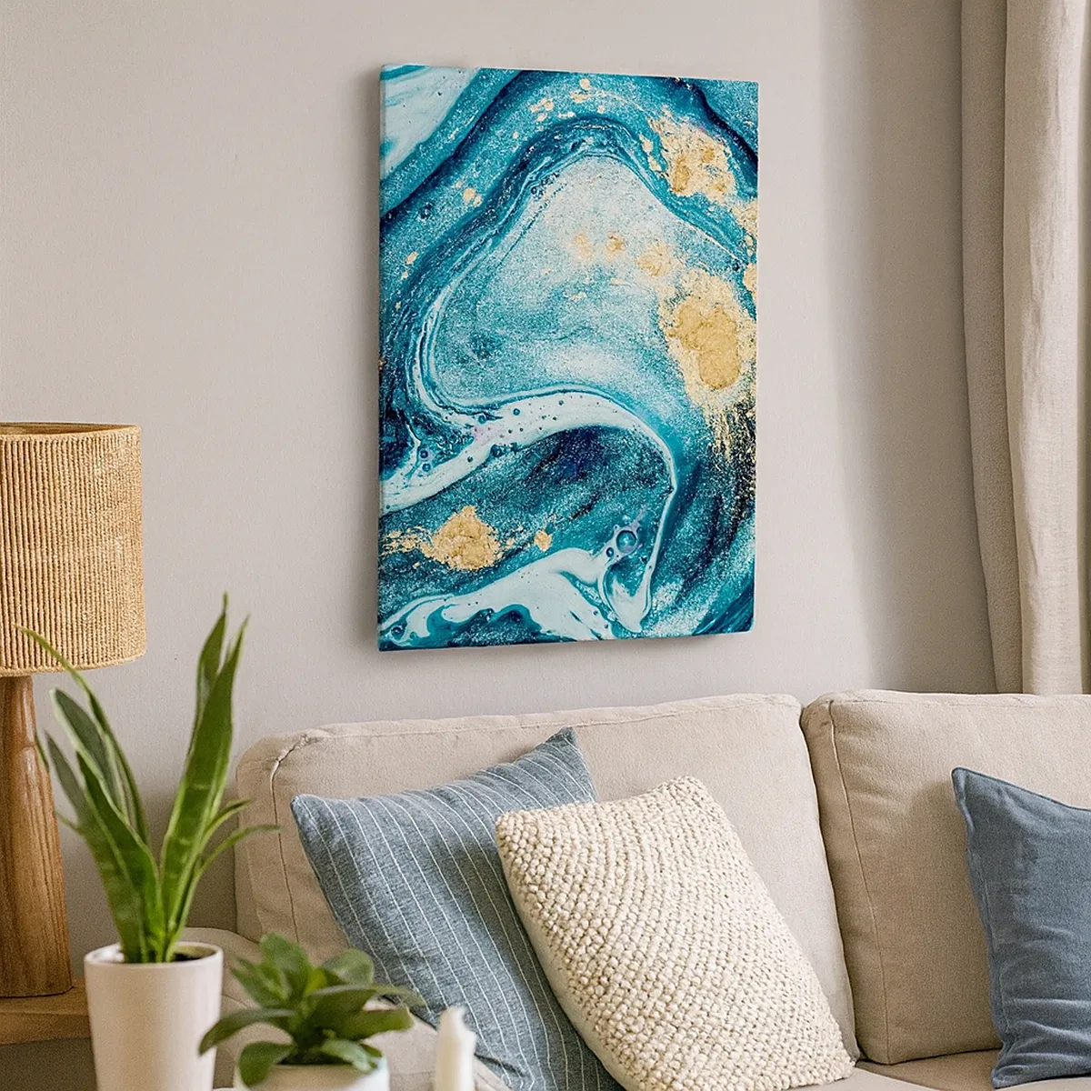 Quadro su tela - Stampe su Tela - Una composizione astratta di onde e accenti dorati - 50x70cm - Vortice blu - Decorazione murale moderna per soggiorno e camera da letto ARTTOR