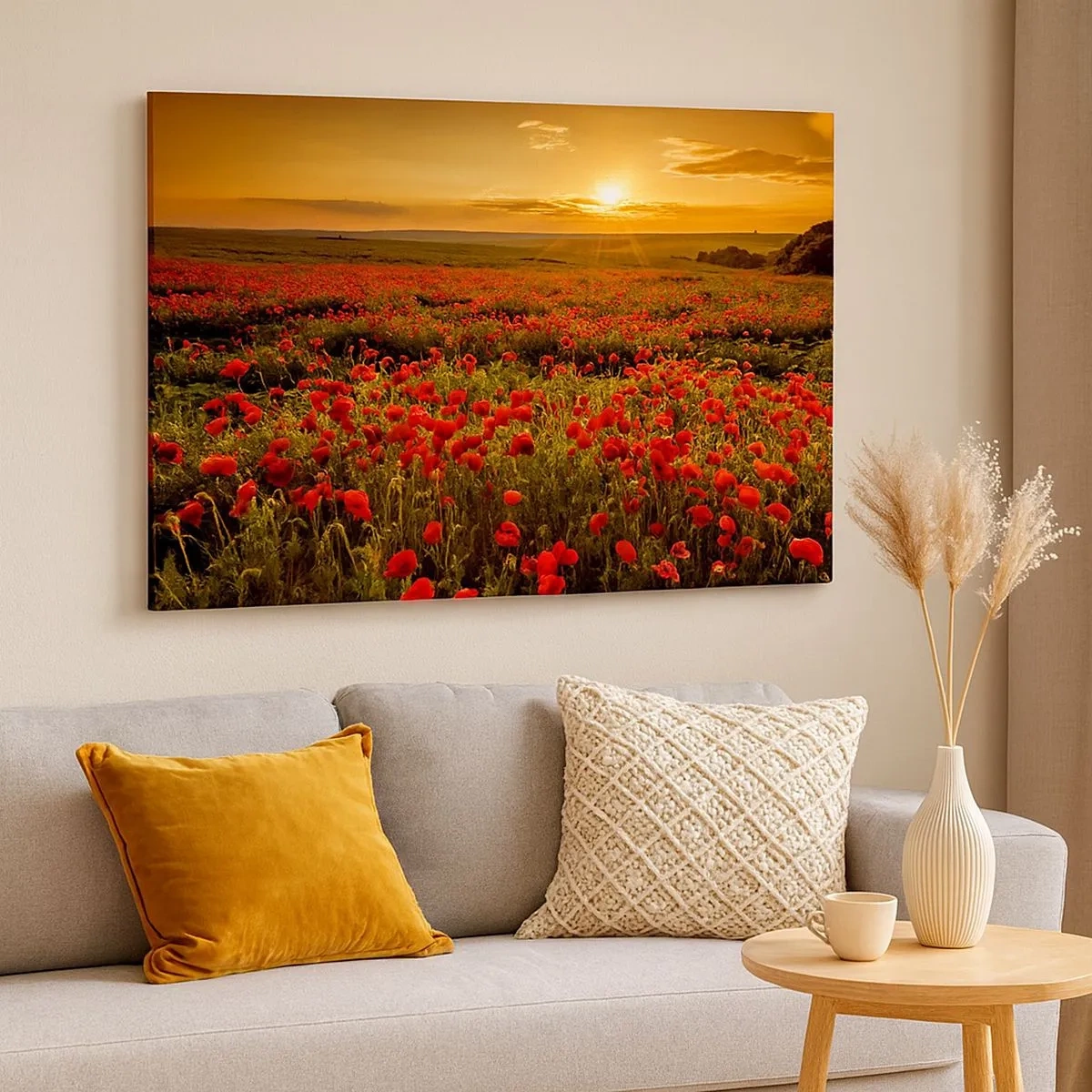 Quadro su tela - Stampe su Tela - Un campo di papaveri rossi al chiarore del sole al tramonto - 70x50cm - Tra il fruscio delle erbe, in un'esplosione di fiori - Decorazione murale moderna per soggiorno e camera da letto ARTTOR