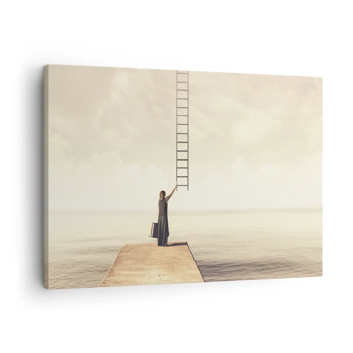 Quadro su tela - Stampe su Tela - Una donna in piedi su un molo con una scala che porta al cielo - 70x50cm - Viaggio magico - Decorazione murale moderna per soggiorno e camera da letto ARTTOR