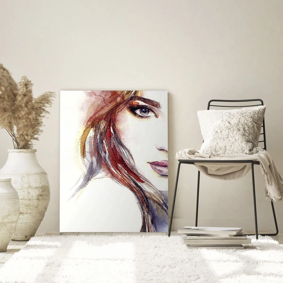 Quadro su vetro - Un delicato acquerello raffigurante il volto di una donna dallo sguardo espressivo. - 80x120cm - Vademecum: seguimi - Decorazione murale moderna per soggiorno e camera da letto ARTTOR