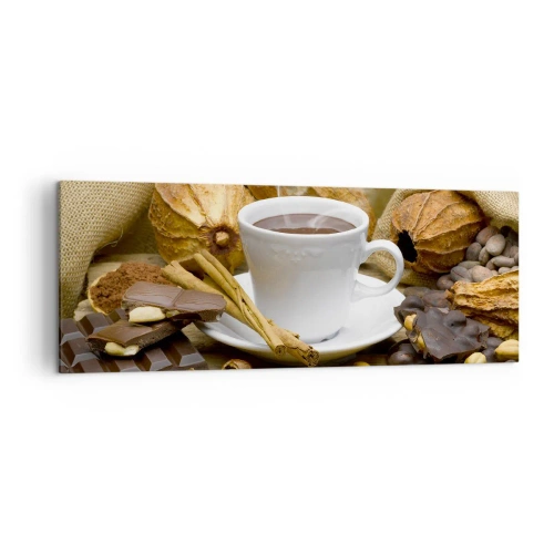 Quadro su tela - Stampe su Tela - Una tazza di cioccolata calda circondata da cacao e cannella - 140x50cm - Per i cercatori di emozioni - Decorazione murale moderna per soggiorno e camera da letto ARTTOR