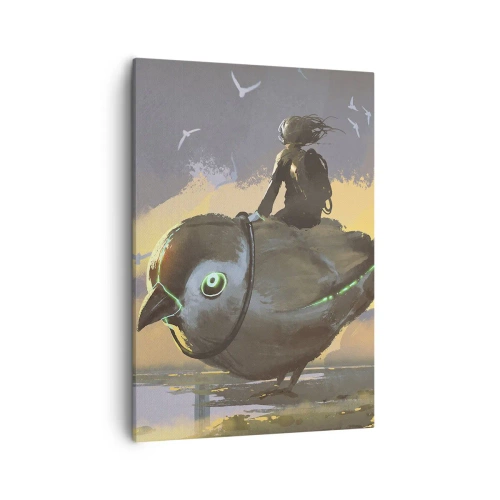 Quadro su tela - Stampe su Tela - Cavaliere su un uccello gigante in un paesaggio surreale - 50x70cm - La sosta di un viaggio fantastico - Decorazione murale moderna per soggiorno e camera da letto ARTTOR