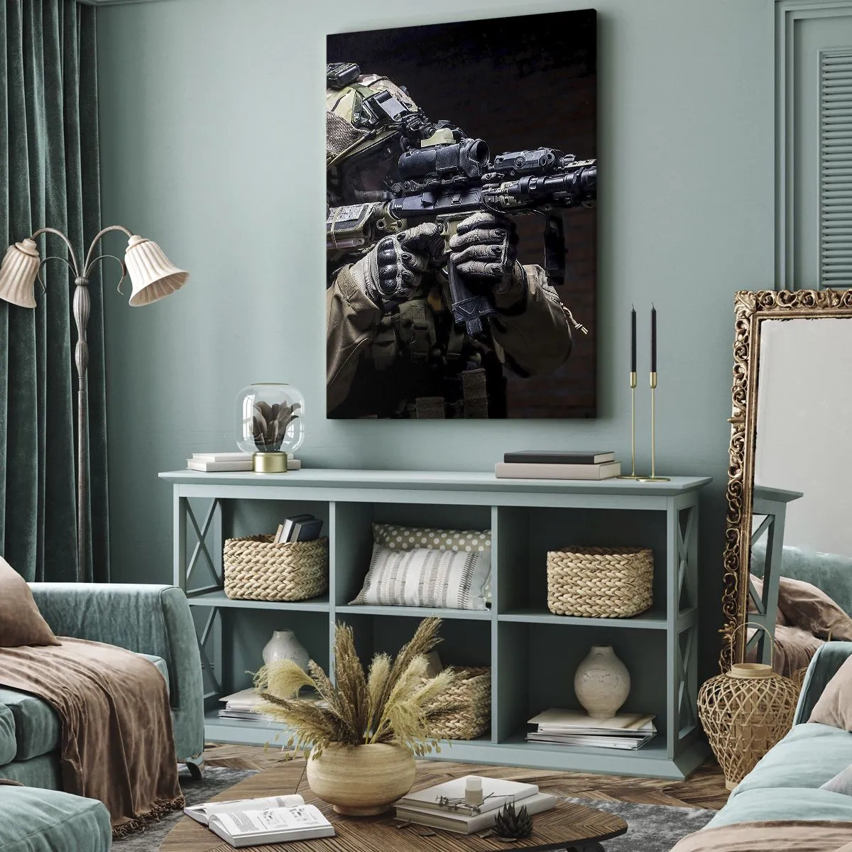 Quadro su tela - Stampe su Tela - Un soldato in equipaggiamento completo con un fucile - 50x70cm - Mortalmente efficace - Decorazione murale moderna per soggiorno e camera da letto ARTTOR