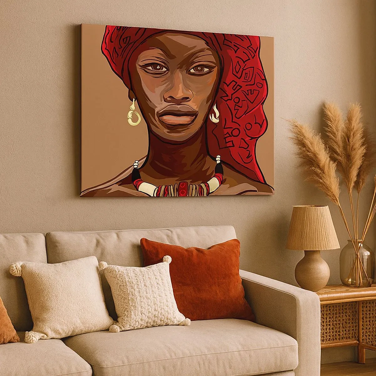 Quadro su tela - Stampe su Tela - Ritratto di una donna con un turbante rosso su sfondo beige - 70x50cm - Venere di ebano - Decorazione murale moderna per soggiorno e camera da letto ARTTOR